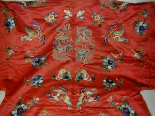Antique Chinese Embroid Red Silk Robe - Many Bats & Forbidden Stitch Peonies 10