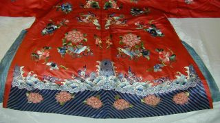 Antique Chinese Embroid Red Silk Robe - Many Bats & Forbidden Stitch Peonies 11
