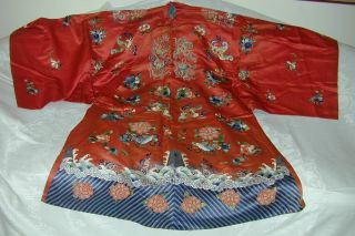 Antique Chinese Embroid Red Silk Robe - Many Bats & Forbidden Stitch Peonies