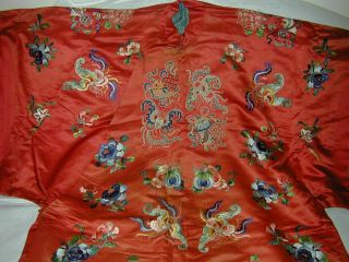 Antique Chinese Embroid Red Silk Robe - Many Bats & Forbidden Stitch Peonies 2
