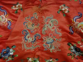 Antique Chinese Embroid Red Silk Robe - Many Bats & Forbidden Stitch Peonies 3
