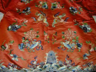 Antique Chinese Embroid Red Silk Robe - Many Bats & Forbidden Stitch Peonies 4