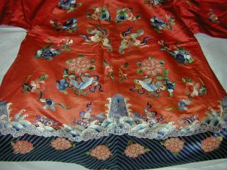 Antique Chinese Embroid Red Silk Robe - Many Bats & Forbidden Stitch Peonies 5