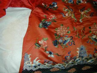 Antique Chinese Embroid Red Silk Robe - Many Bats & Forbidden Stitch Peonies 6