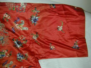 Antique Chinese Embroid Red Silk Robe - Many Bats & Forbidden Stitch Peonies 7