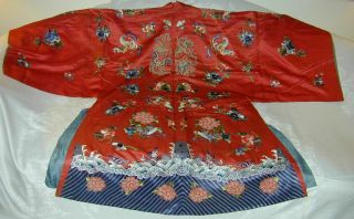 Antique Chinese Embroid Red Silk Robe - Many Bats & Forbidden Stitch Peonies 9