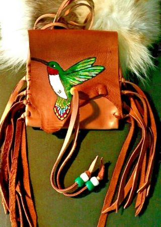 Hummingbird Hand Painted Lambskin Medicine Bag,  With Fringe And Pony Beads.