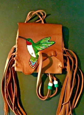 Hummingbird Hand painted Lambskin Medicine bag,  with fringe and Pony beads. 2