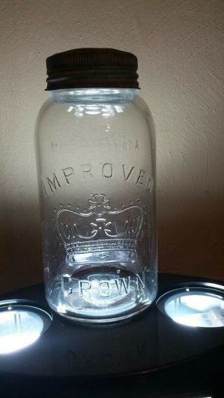 Vintage Improved Crown Jar Made In Canada Glass Top Large 1.  5 Quart 2 Quart ?