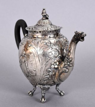 Antique Dutch.  800 Silver Repousse Teapot Griffin Spout W/ Fisherman 10.  13 Ozt