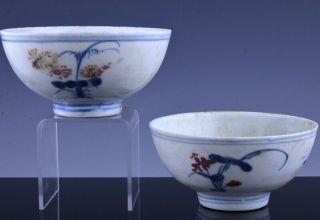 Pair Rare Chinese Ming Dynasty Blue White & Red Glaze Lotus Scenic Bowls