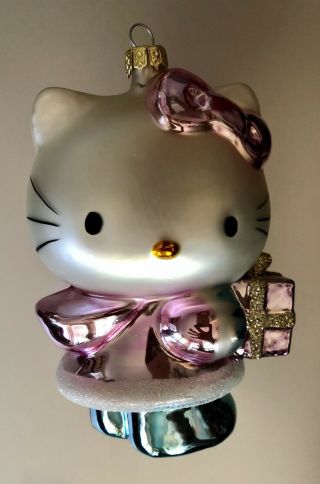 Sanrio Pink Hello Kitty Glass Ornament Holding Gift Package Euc 5.  5 " Tall