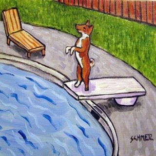 Basenji At The Pool Picture Animal Dog Art Tile Coaster