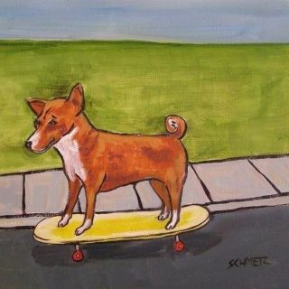 Basenji Skateboarding Picture Animal Dog Art Tile Gift