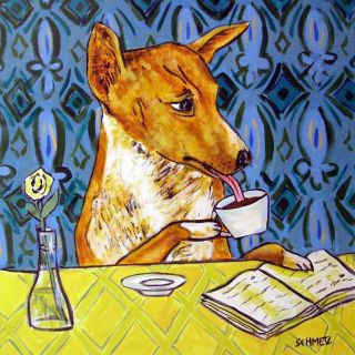 Basenji At The Coffee Shop Animal Dog Art Tile Coaster Gift