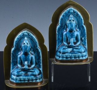 Fine & Rare Chinese Ming Dynasty Turquoise Glazed Buddha Figures Shrine Bookends
