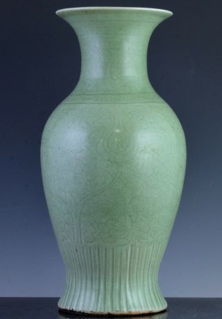 Large Antique Chinese Longquan Celadon Glazed Carved Lotus Phoenix Tail Vase