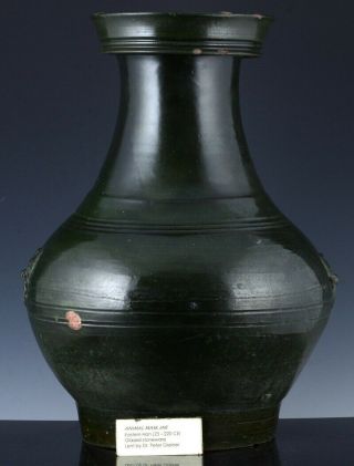 Incredible Large Chinese Eastern Han Dynasty Green Glazed Mask Handle Vase