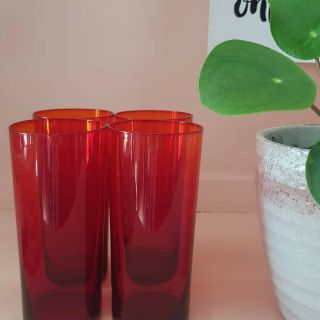 Vintage Retro Mid Century Mcm 70s 1970s Set Tall Red Glass Tumblers X4