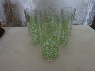Vintage Retro Set Of 6 Kitsch Green Daisy Pattern Hi Ball Tumbler Drinks Glasses
