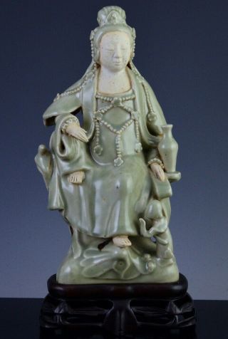 Finely Details Antique Chinese Longquan Celadon Glazed Guanyin Immortal Figure