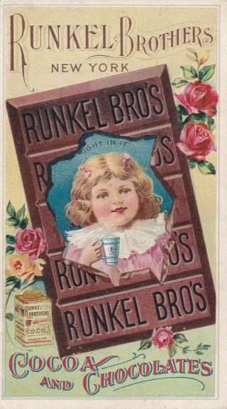1800s Antique Victorian Runkel Bros.  - Girl Holding Cup Of Cocoa Trade Card