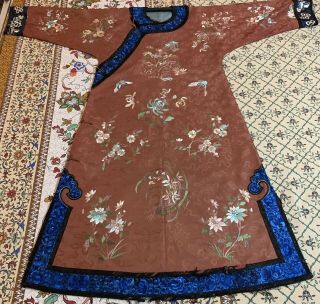 Antique Chinese Qing Dynasty Hand Embroidery Robe Length 51 " X Chest 42 " Brown