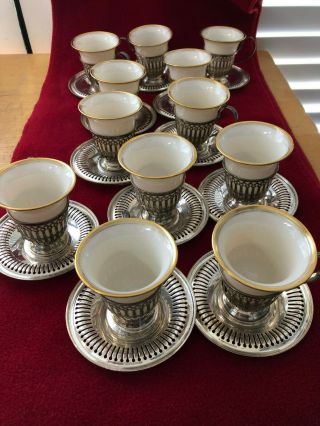 Set Of 12 Sterling Silver And Lenox Demitasse Cup And Saucer