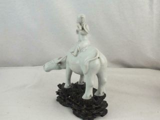 19TH C CHINESE PORCELAIN BLANC DE CHINE BOY ON BUFFALO ON CARVED WOODEN STAND 4