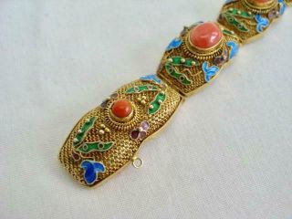 Stunning Chinese Silver Gilt Filigree Bracelet With Cabochon Corals & Enamel. 10
