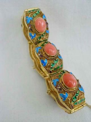 Stunning Chinese Silver Gilt Filigree Bracelet With Cabochon Corals & Enamel.