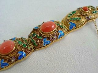 Stunning Chinese Silver Gilt Filigree Bracelet With Cabochon Corals & Enamel. 3