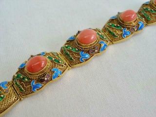 Stunning Chinese Silver Gilt Filigree Bracelet With Cabochon Corals & Enamel. 4