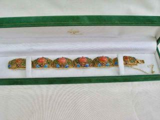 Stunning Chinese Silver Gilt Filigree Bracelet With Cabochon Corals & Enamel. 5