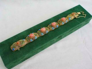 Stunning Chinese Silver Gilt Filigree Bracelet With Cabochon Corals & Enamel. 6