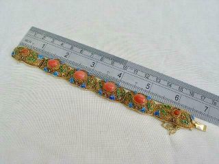 Stunning Chinese Silver Gilt Filigree Bracelet With Cabochon Corals & Enamel. 7