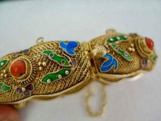 Stunning Chinese Silver Gilt Filigree Bracelet With Cabochon Corals & Enamel. 8