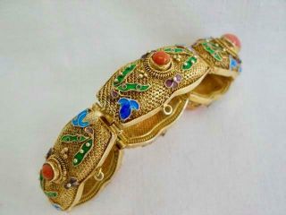 Stunning Chinese Silver Gilt Filigree Bracelet With Cabochon Corals & Enamel. 9