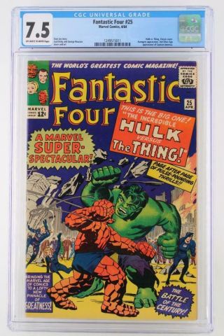 Fantastic Four 25 - Cgc 7.  5 Vf - Marvel 1964 - Hulk Vs.  Thing