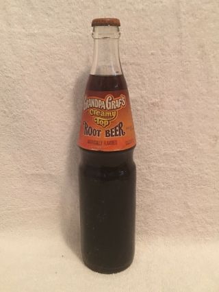 Full 16oz Grandpa Graf’s Creamy Top Root Beer Paper Label Soda Bottle