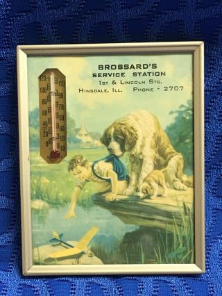 1953 Brossards Service Station Advertising Thermometer Framed W/ Calendar Il