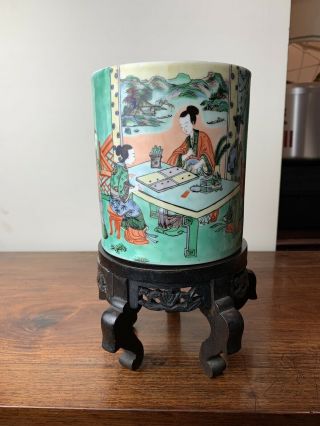 Large Antique Chinese Famille Rose Brush Pot With Wooden Stand