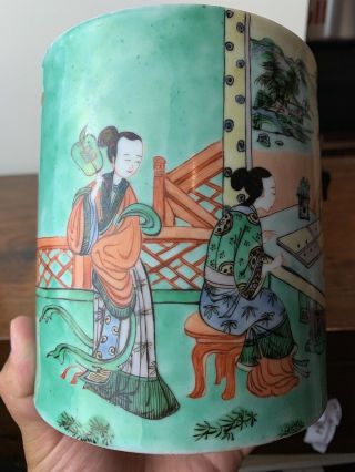 large antique chinese famille rose brush pot with wooden stand 2