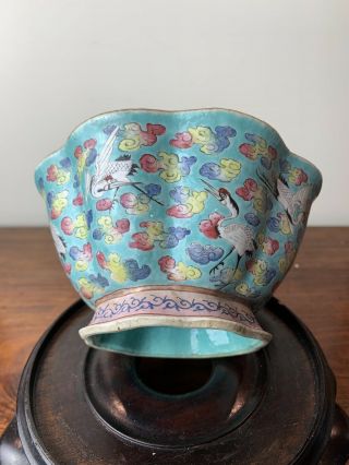 Antique Chinese Famille Rose Bowl With Ten Crane
