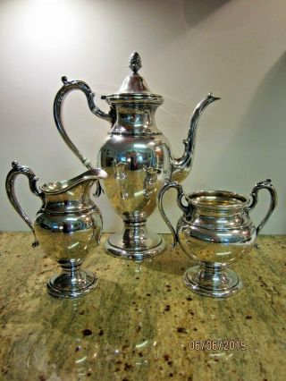Vintage Sterling Silver Coffee Pot,  Creamer And Open Sugar Set Acorn Finial