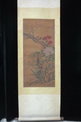 Rare Long Old Chinese Hand Painting Plants And Birds Scroll Marked " Cuibai "