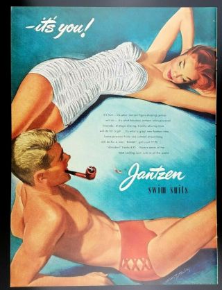 1952 Jantzen Swimsuits Man With Pipe & Pin Up Woman Photo Vintage Print Ad
