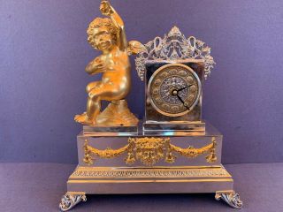 Gorgeous Heavy Gilded Sterling Silver 925 Desk Clock Qurrtz Clock With Figure.