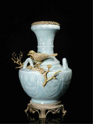 A Chinese Antique Celadon Porcelain Vase With Vintage Mounted Bronze,  Marked.