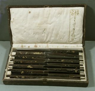Japanese Silver & Mixed Metal Knives (12) Meiji - Signed - In Case